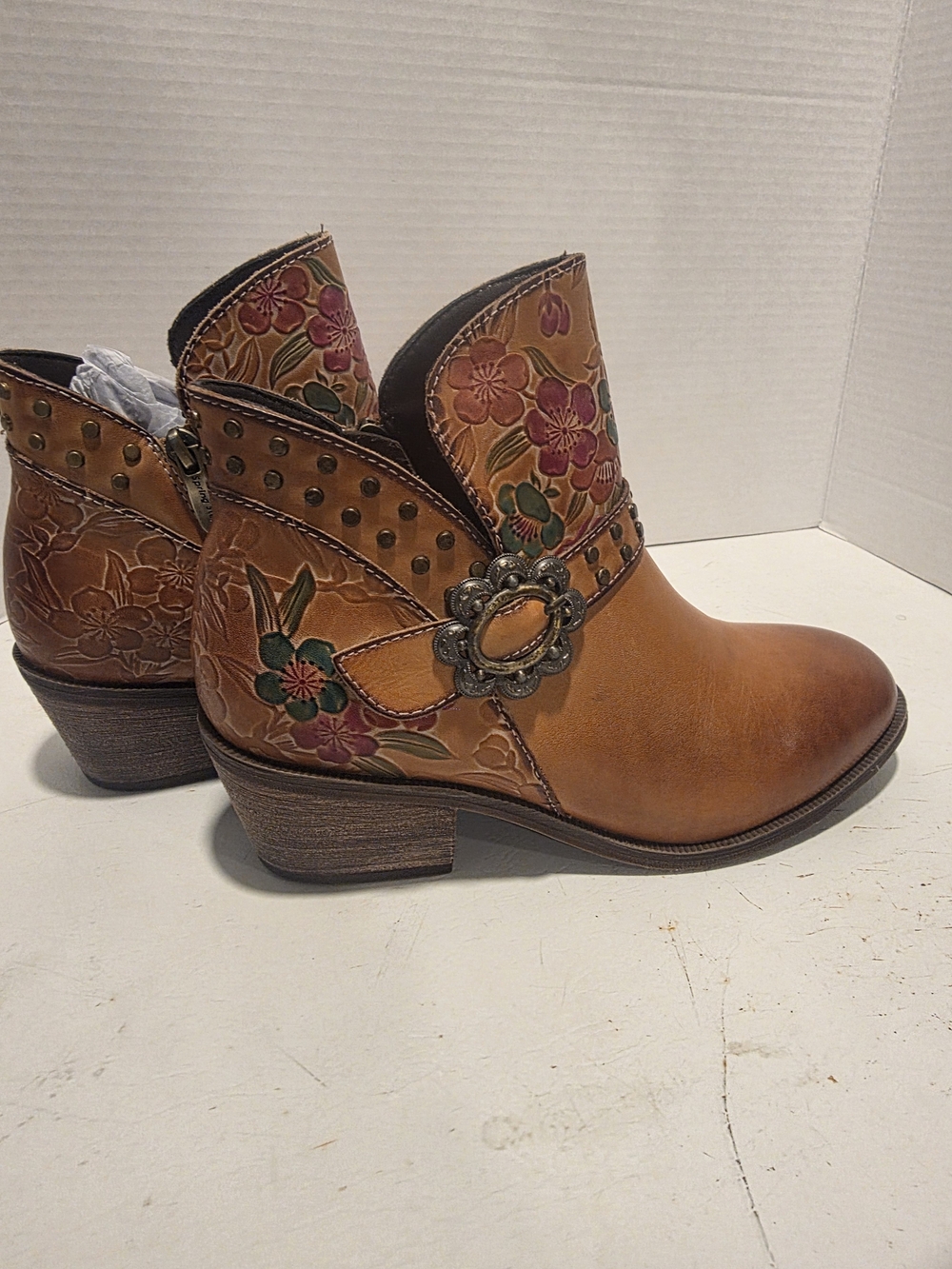 Floral Embossed Tan Leather Ankle Boots with Decorative Buckle